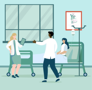 Illustration in hospital ward - 2 doctors with tech and a patient